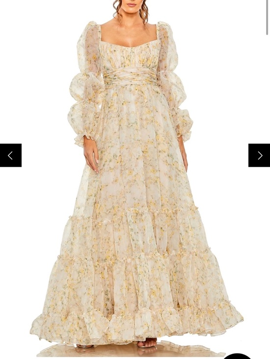 Mac Duggal Dresses & Skirts - Sheer Floral Puff-Sleeve Maxi Dress in Light Champagne